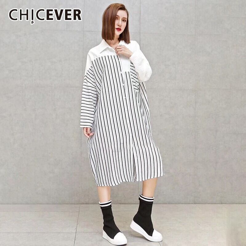 CHICEVER春の縞模様の女性のドレススクエアカラー長袖ボタンルーズプラスサイズミッドカーフドレス2020タイド ロング 大きめサイズ スプリング 春物 ストライプ スクウェア 6base559576837991