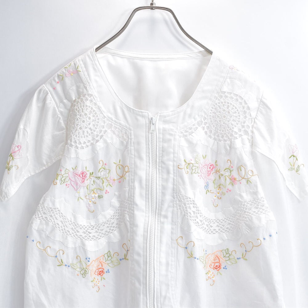 80～90s Design Jacket花柄 刺繍 かぎ編み レース シアー 切替