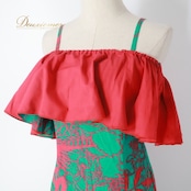 フラダンス 衣装 ワンピース ドレス グリーン系 マーメイドライン エムエムジェイ ハワイアンプリント アロハ MermaidLine MMJ フラ ダンス レッスン 練習 レッド系 緑 赤 フリル 着回し フレア キャミソールドレス オフショル 華やか 鮮やか かわいい おしゃれ 上品 おしゃれドレス リバーシブル フリル付き マーメイドライン グリーンレッド