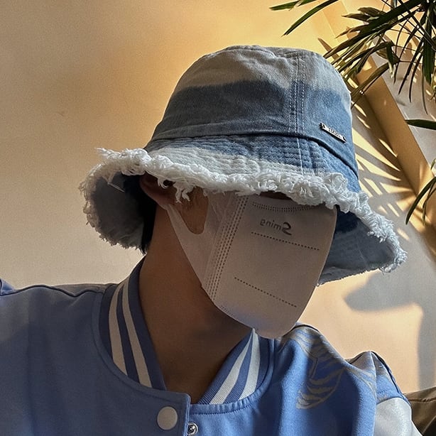 【予約販売】バケットハット メンズ バケハ 帽子 ハット デニム グラデーション フリンジ ダメージ加工 紫外線対策 UV アウトドア キャンプ ライトブルー/ダークブルー/ブラック キャップ ストリート スポーティー ダンス こなれ感 お洒落 韓国 トレンド