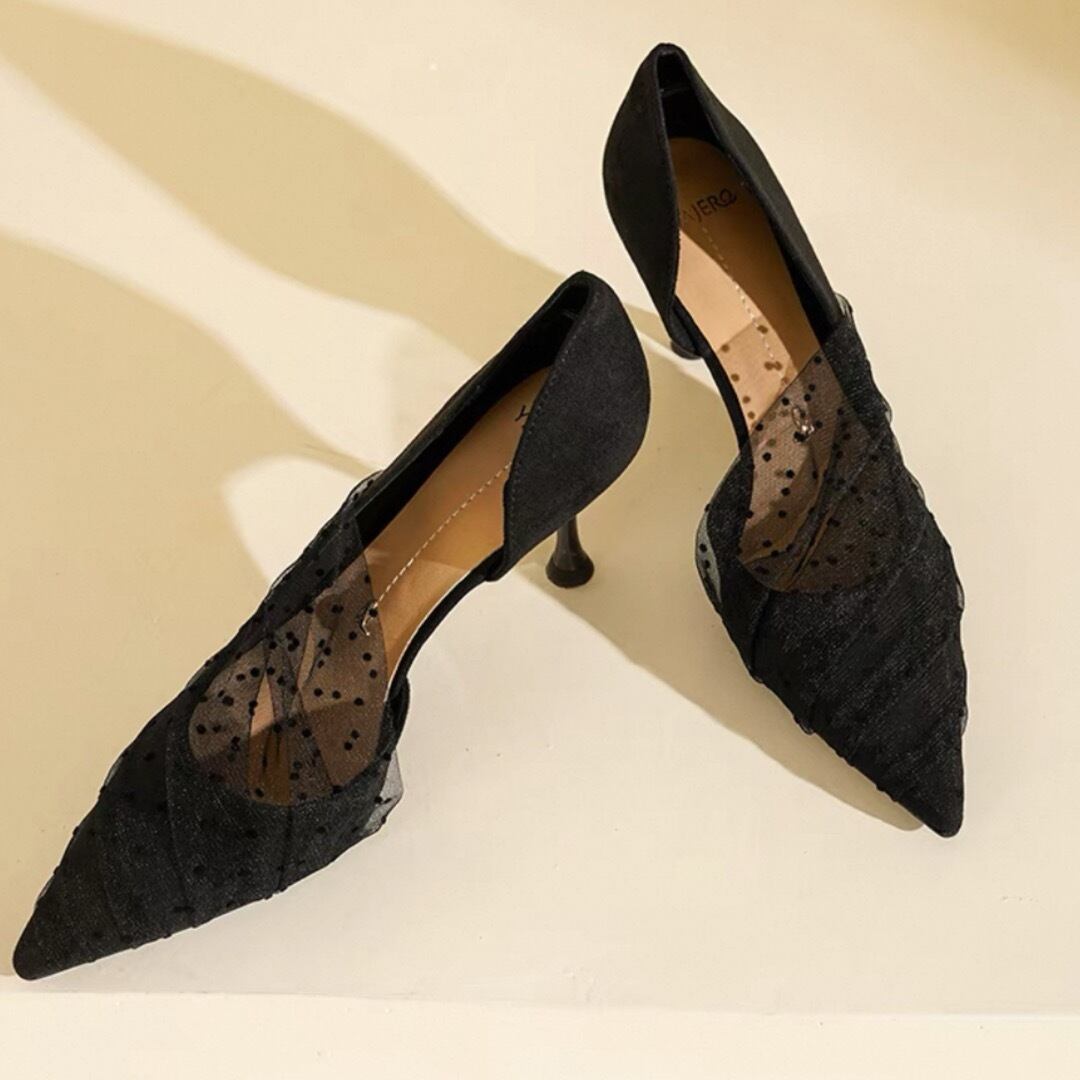 Dot tulle material pointy toe stiletto heels pumps 00195