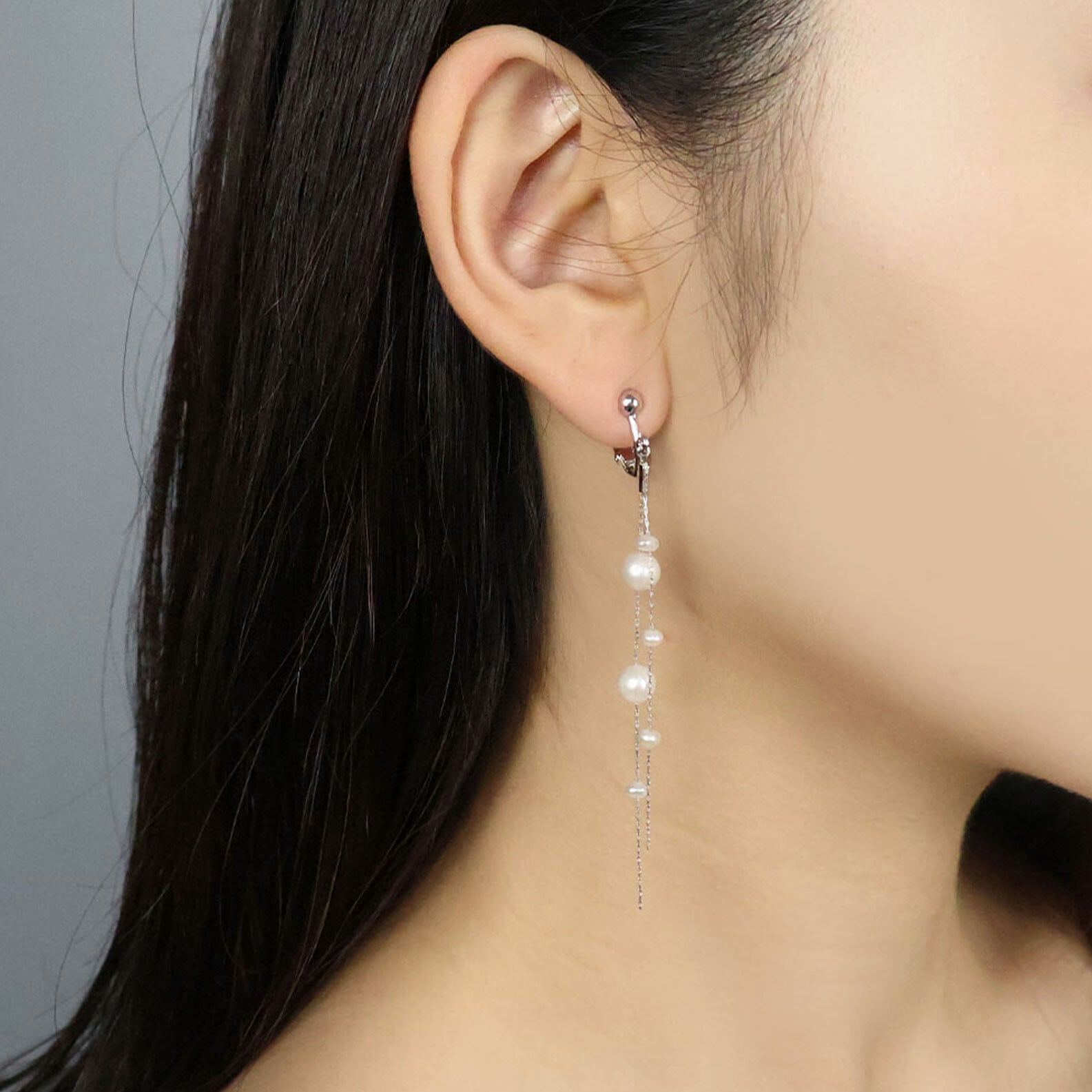 淡水パール　2連　ロングチェーン　ドロップイヤリング　スウィング　アクセサリー　華奢　韓国製