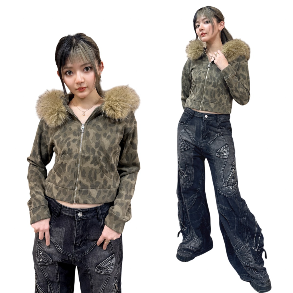 レオパードファーパーカー グランジ Y2K ストリート | 韓国系ユニ