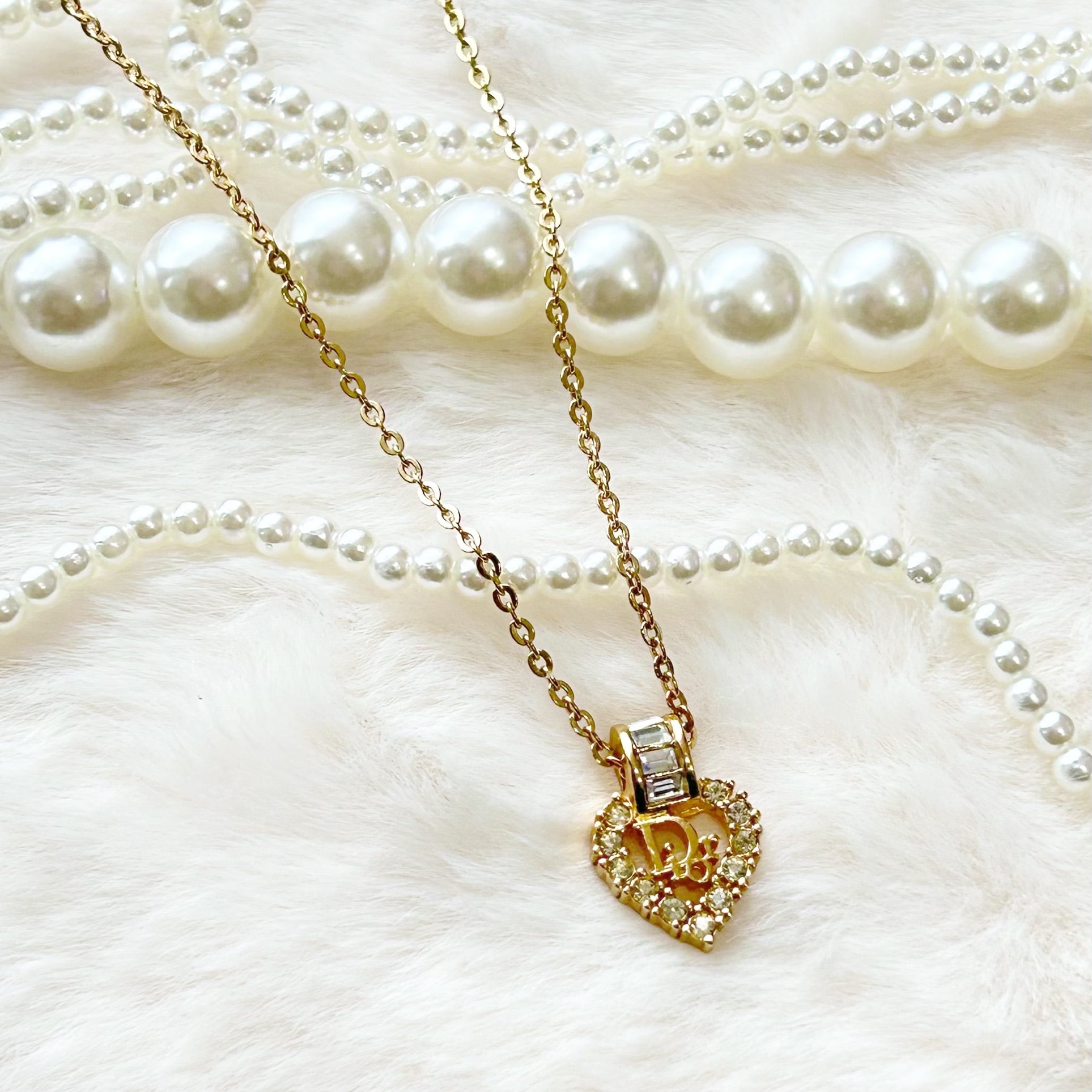 N7077】Christian Dior heart rhinestone necklace/クリスチャン