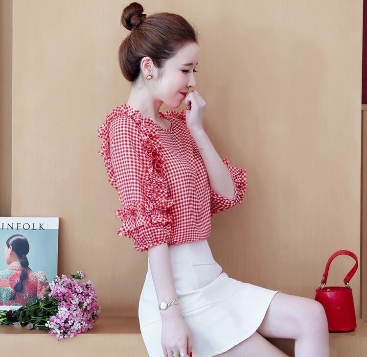 トップス シャツ ブラウス 袖あり 半袖 5分袖 五分袖 ボリューム袖 パフスリーブ ラウンドネック フリル かわいい 大人可愛い きれいめ シンプル カジュアル 大人 上品 おしゃれ お洒落 ラブリー キュート ガーリー チェック柄 格子柄 春 夏 秋 誕生日 10代 20代 レディース 女性用 通勤 学生 通学 デート お出かけ 女子会 お泊まり パーティー イベント ホテル ガーデン レストラン S M L XL 2XL 黒 ブラック 赤 レッド 緑 グリーン