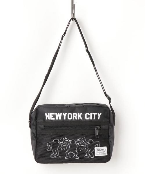 Keith Haring(キースヘリング)  横型 メッシュポケット ショルダーバッグ ブラック/ホワイト KHB-KH1815