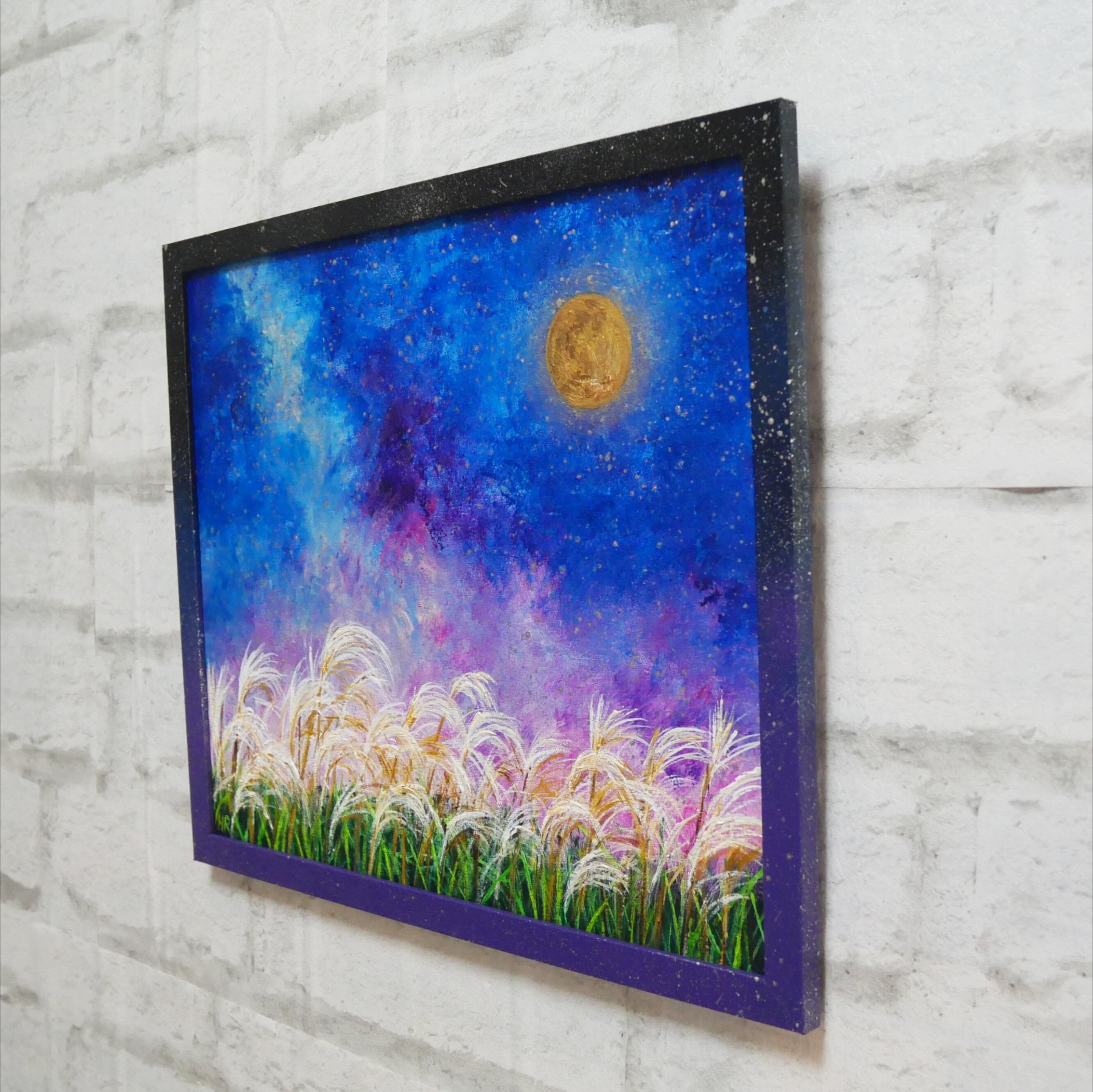 原画】黄金の月夜に揺れる ＊ 秋の夜空とススキの油絵（ラッピング無料