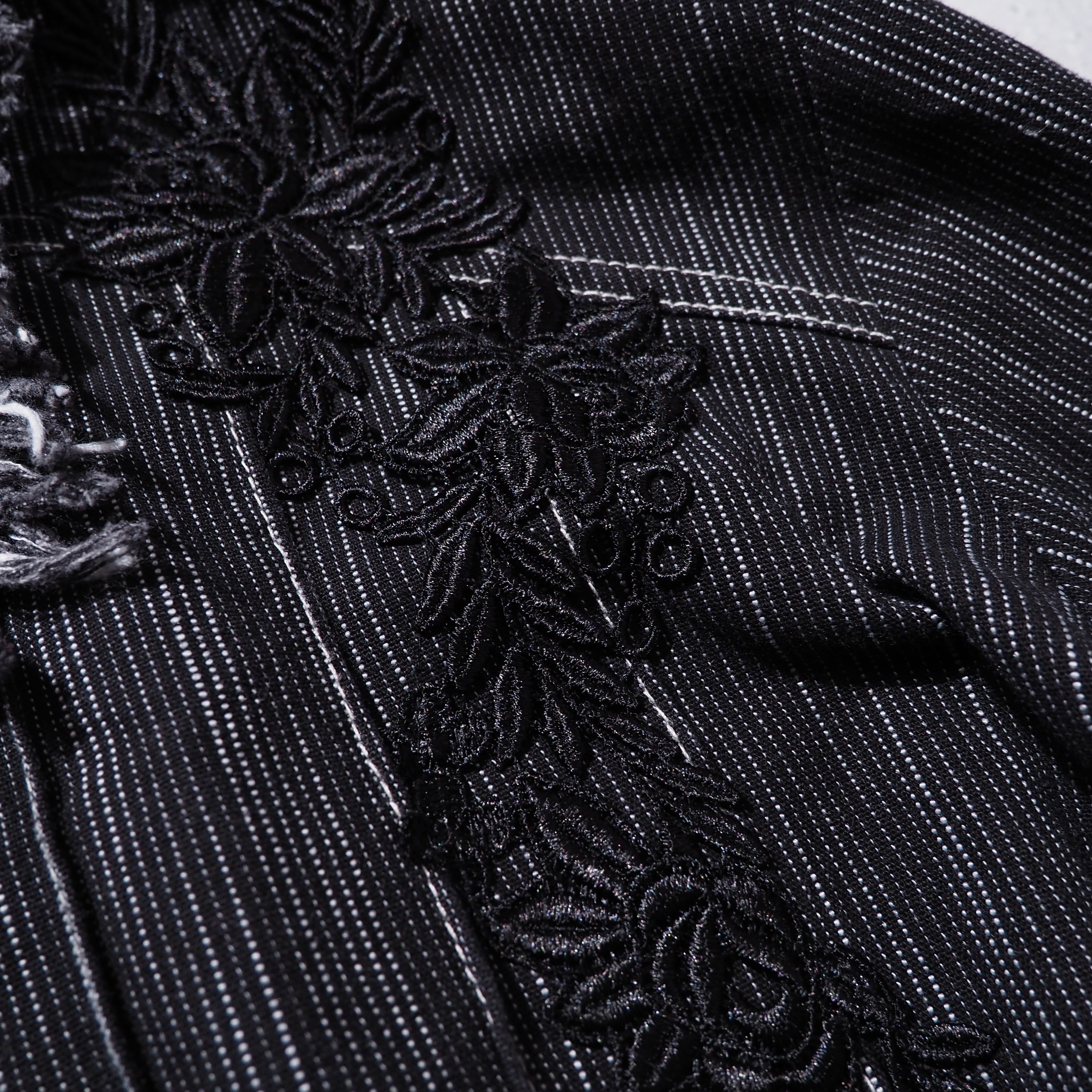 Black mode Fringe × Fower embroidery vintage loose jacket