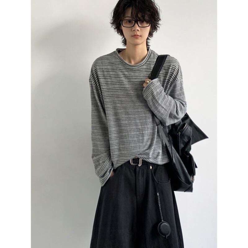 jiwuusストライプ丸首カラー切り替え長袖Tシャツ