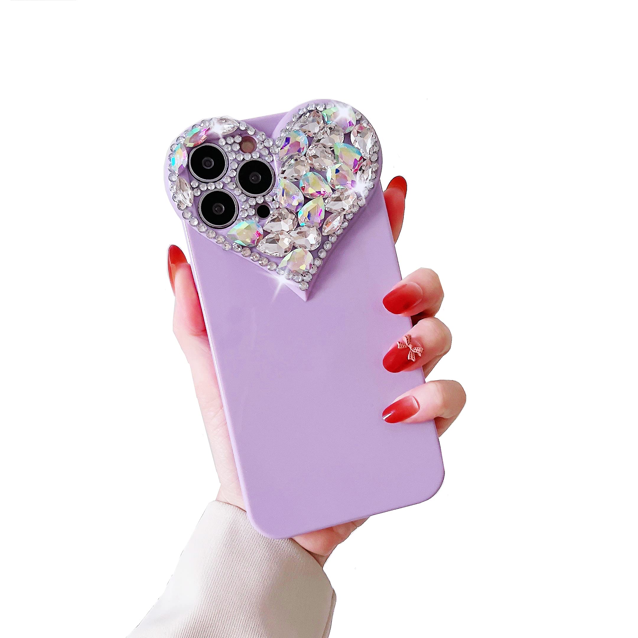 【特価処分】CrazyLemon 適用 iPhone 15 Pro Max ケース シリコーン かわいい おしゃれ ハート型 キラキラ グリッター ラインストーン デザイン カメラ レンズ 保護 カバー アイフォン15プロマックス ケース ソフト TPU 薄型 軽量 レディース 女性 人気 (for iPhone 15 Pro Max Case Cute Glitter) - パープル
