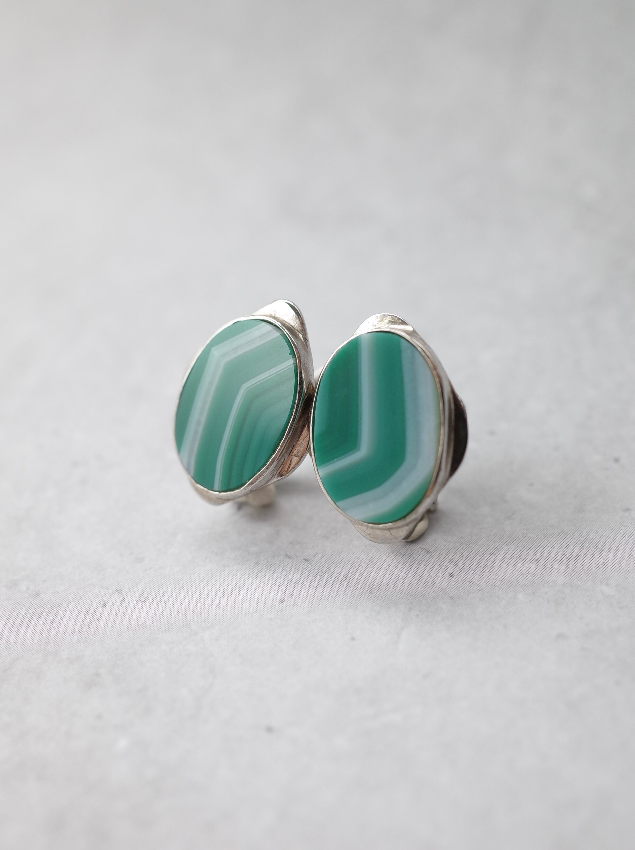 Green Striped Agate - Graphical Clip Earring - 2