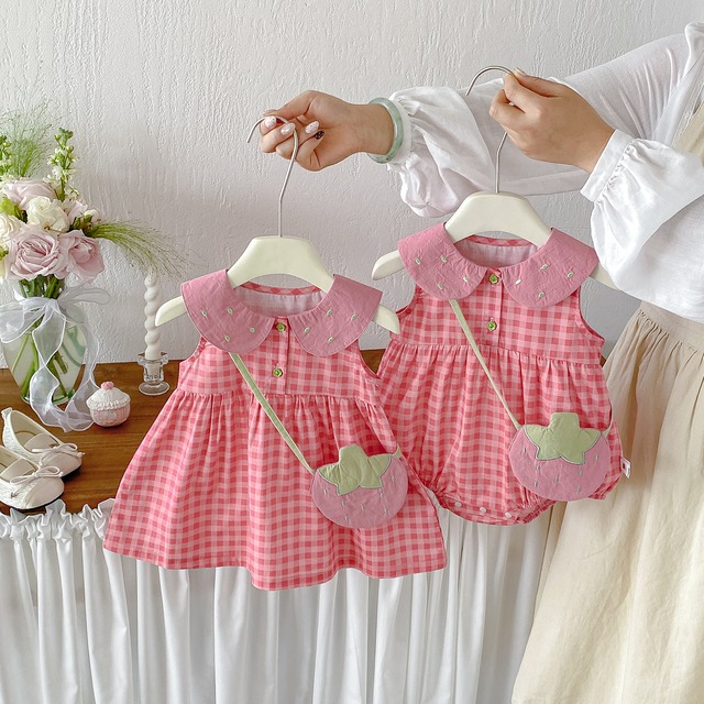 【姉妹服】ストロベリーチェックロンパース／ワンピース - 4