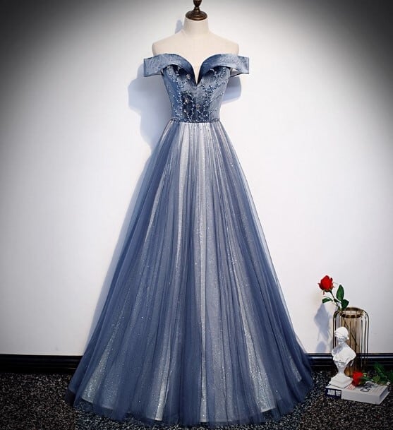 高品質! パーティードレス 青/ブルー オフショルダー ロング エレガント 細見えシルエット | Cinderelladress powered by BASE