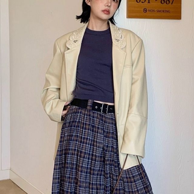 embroidered Collar PU Suit Leather Jacket