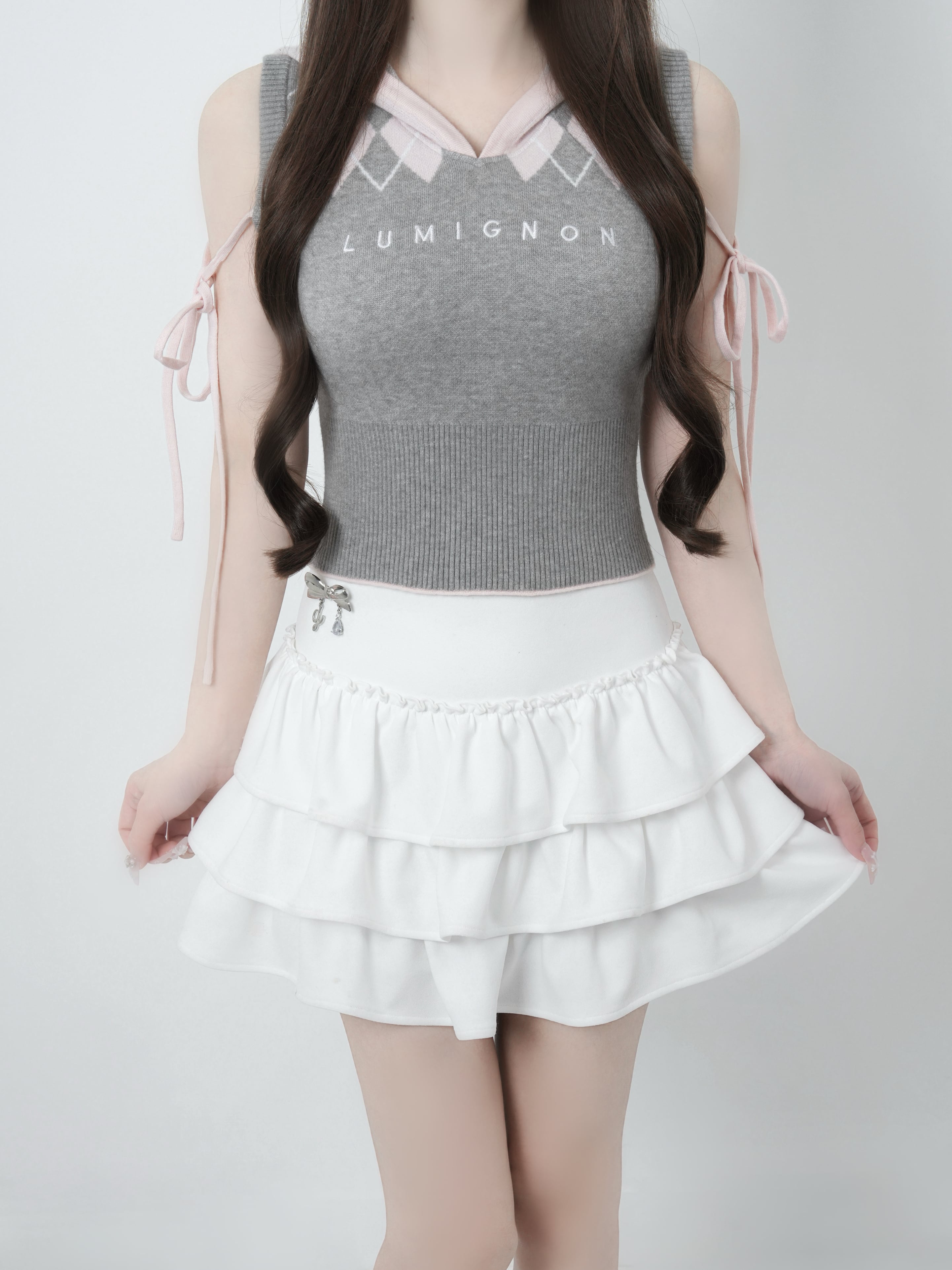 lumignon Argyle hood knit top グレー×ベビーピンク Argyle hood knit top【グレー×ベビーピンク】 | Lumignon