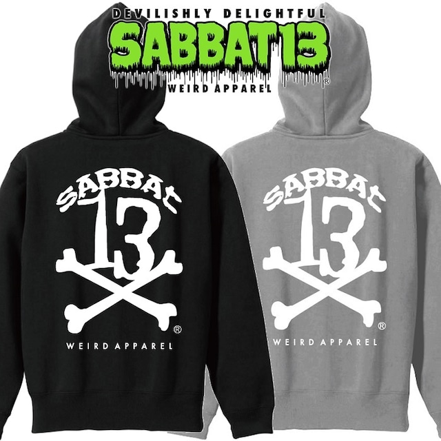 【10%OFF SALE】SABBAT13 / サバトサーティーン / サバト13「13X-BONE ZIP HOODIE」ジップパーカー 黒 ブラック グレー パイル地 ミニ裏毛 スカル ドクロ メンズ レディース ロック パンク バンド バックプリント ROCK PUNK フェス ギフトラッピング無料 ステージ衣装 Rogia