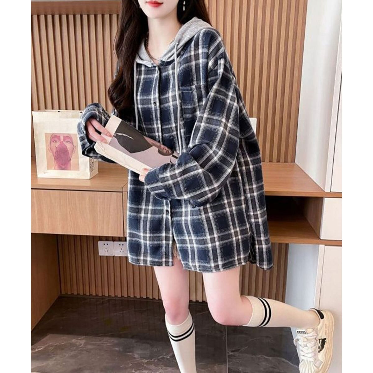 ネルシャツ フード付き 長袖 シャツ レディース 春秋冬 韓国 ライトアウター トップス おしゃれ 大人 カジュアル ストリート アメカジ レトロ 微起毛 ゆったり オーバーサイズ 大人可愛い 大人女子