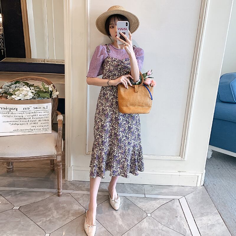 【新作】【送料無料】 マタニティウェア2020夏の新しい流行の母親妊娠中のツーピースシフォンフローラルミドル丈サスペンダースカート+ Tシャツ-アリババ サマー 夏物 花柄 expec27647507707