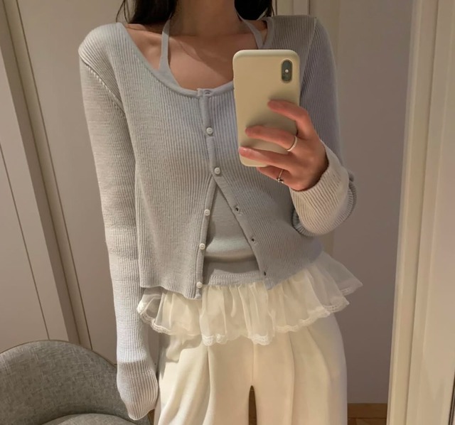 レースホルターストラップ+ニットカーディガンセータージャケット