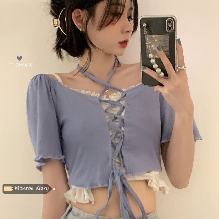 Tシャツ サマーショートハイウェストウェストトップス 夏物 モンロー37881656435