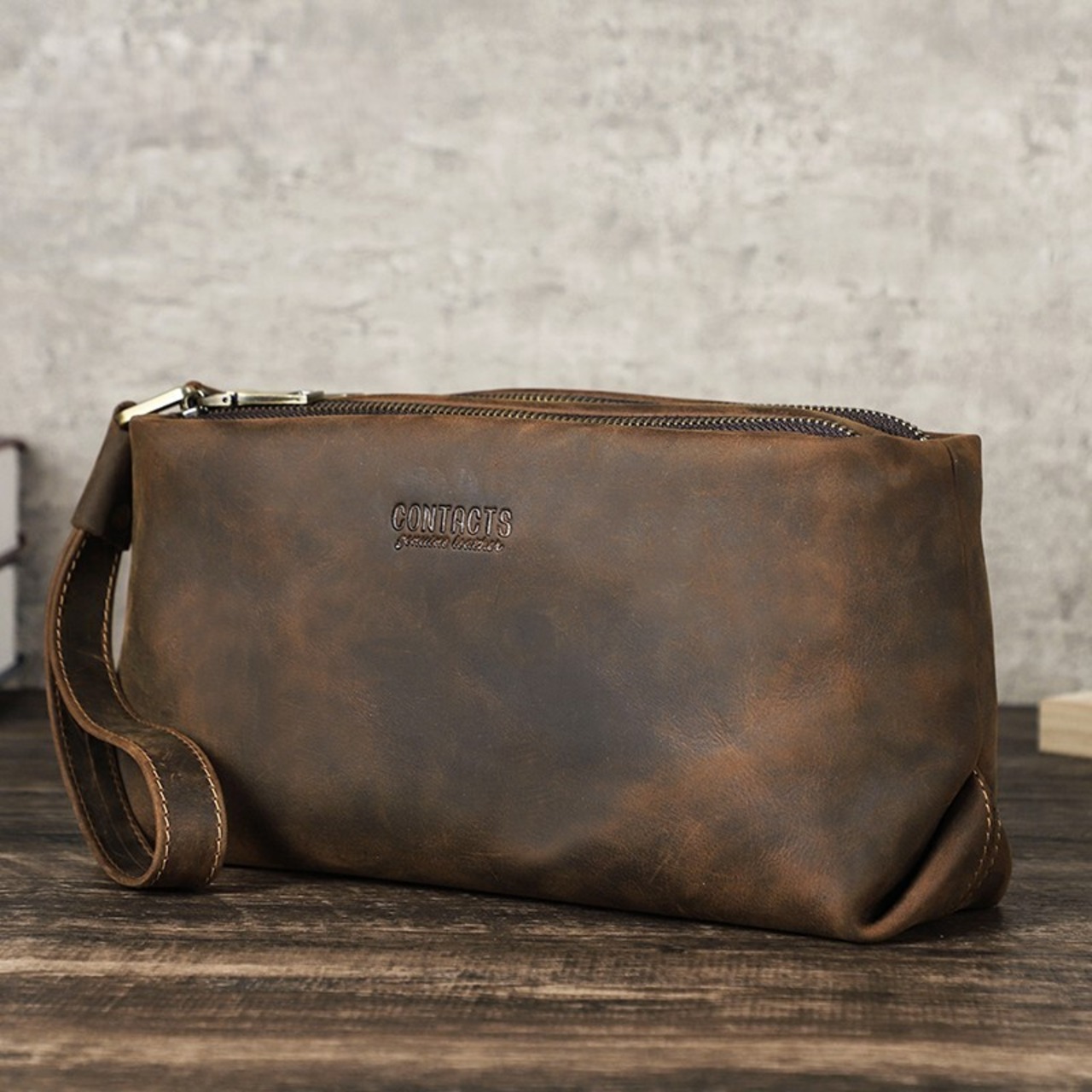 Double Zip Genuine Leather Clutch Bag / 本革 ダブルジップ レザー クラッチ バッグ
