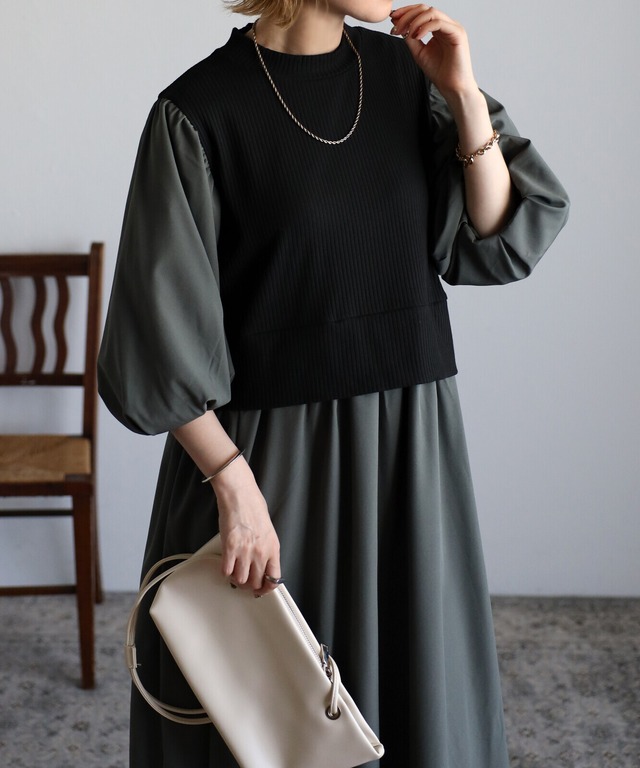 バルーン6分袖ドッキングワンピース / GREEN