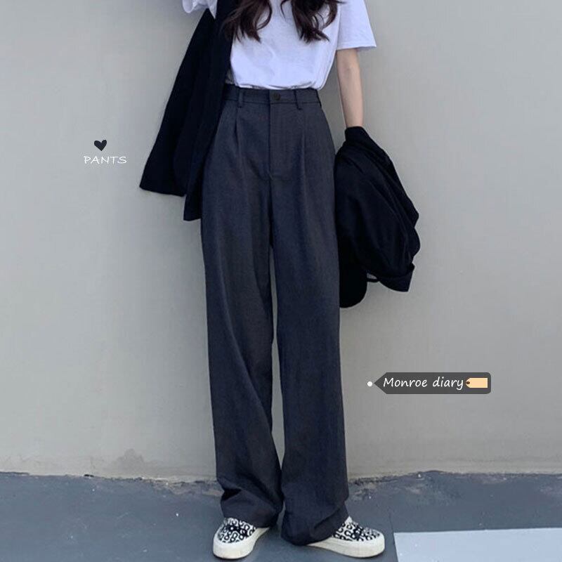 グレーハイウェストウェストカジュアルパンツ スプリングオータム薄手ルーズサマー 春物 夏物 秋物 モンロー12257477145