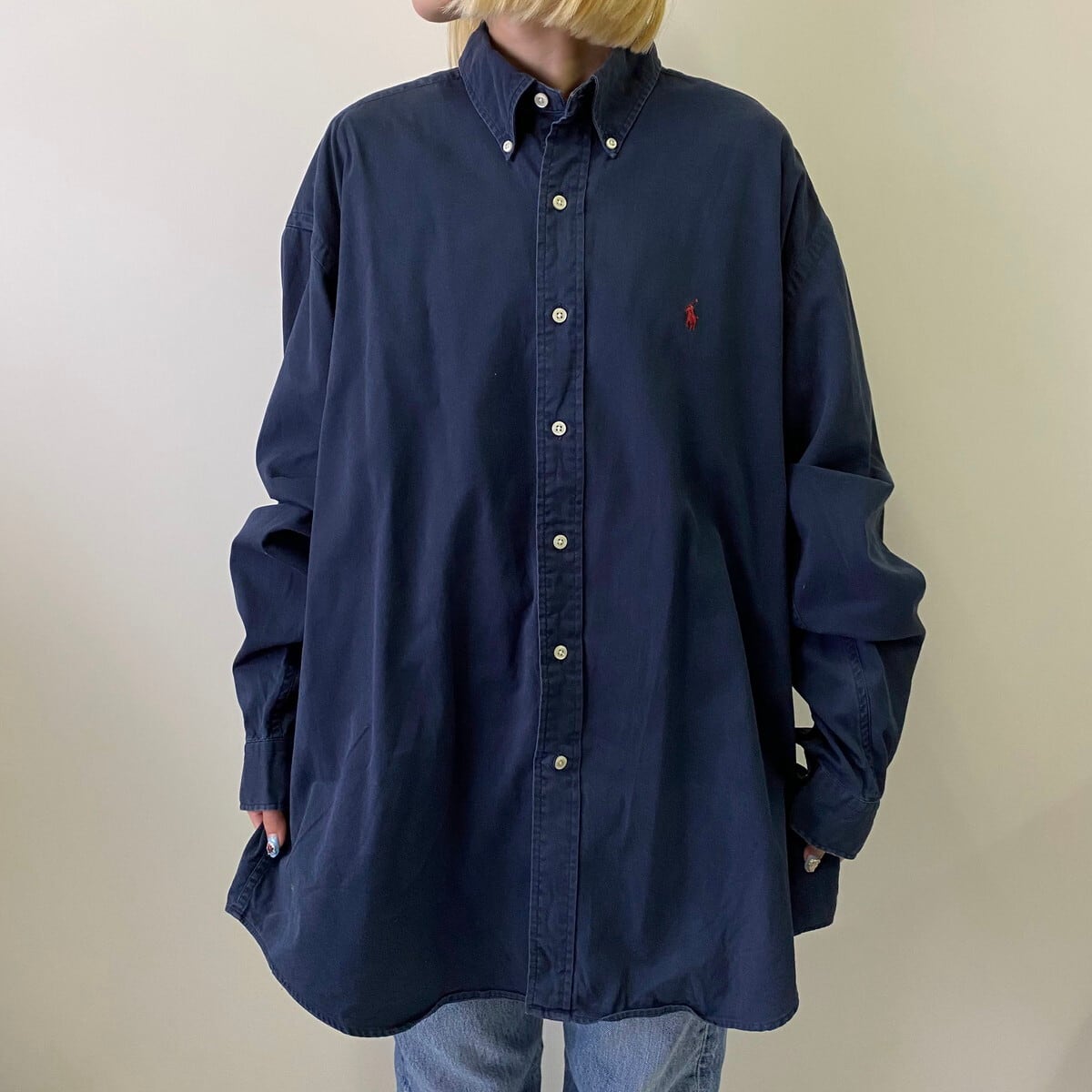 90s ラルフローレン ロゴ刺繍長袖BDシャツ ブルー ビッグサイズ