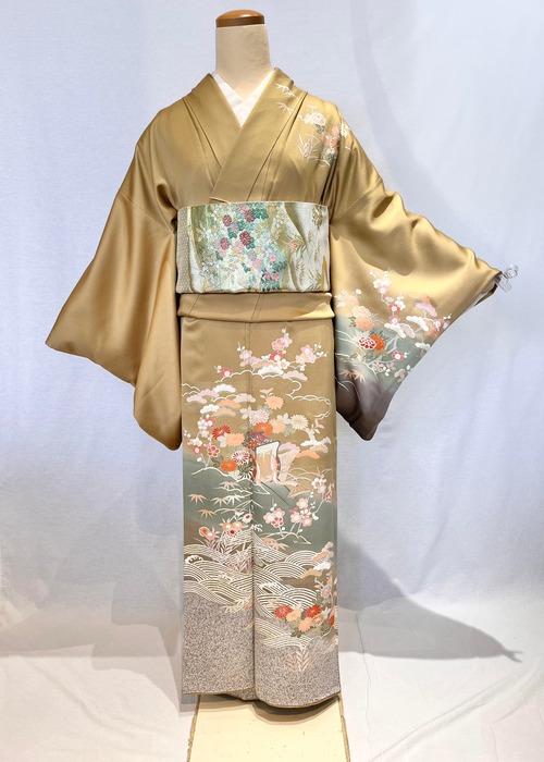 2107 高身長 友禅染訪問着 袷単品 ゴールドベージュ Yuzen Houmongi(lined kimono)