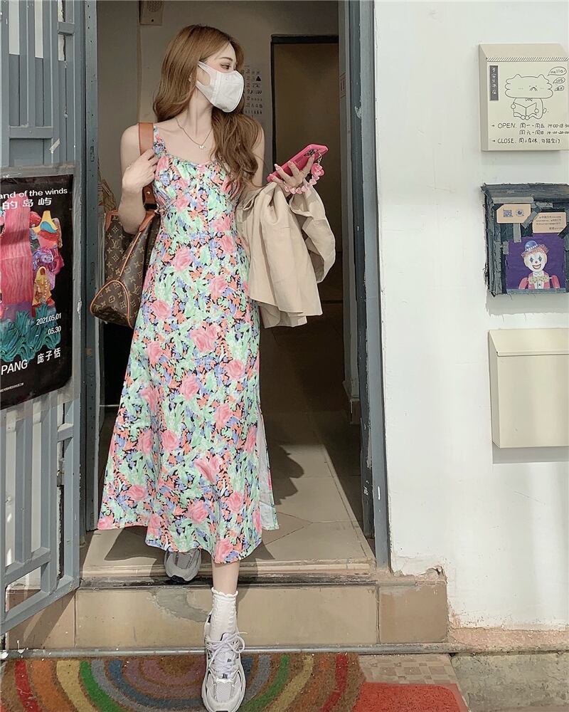 ヤーンフローラルドレス サマーウェスト薄手ロングスカート 大人ガーリー スウィート キュート カジュアル 夏物 花柄 モンロー37694630450