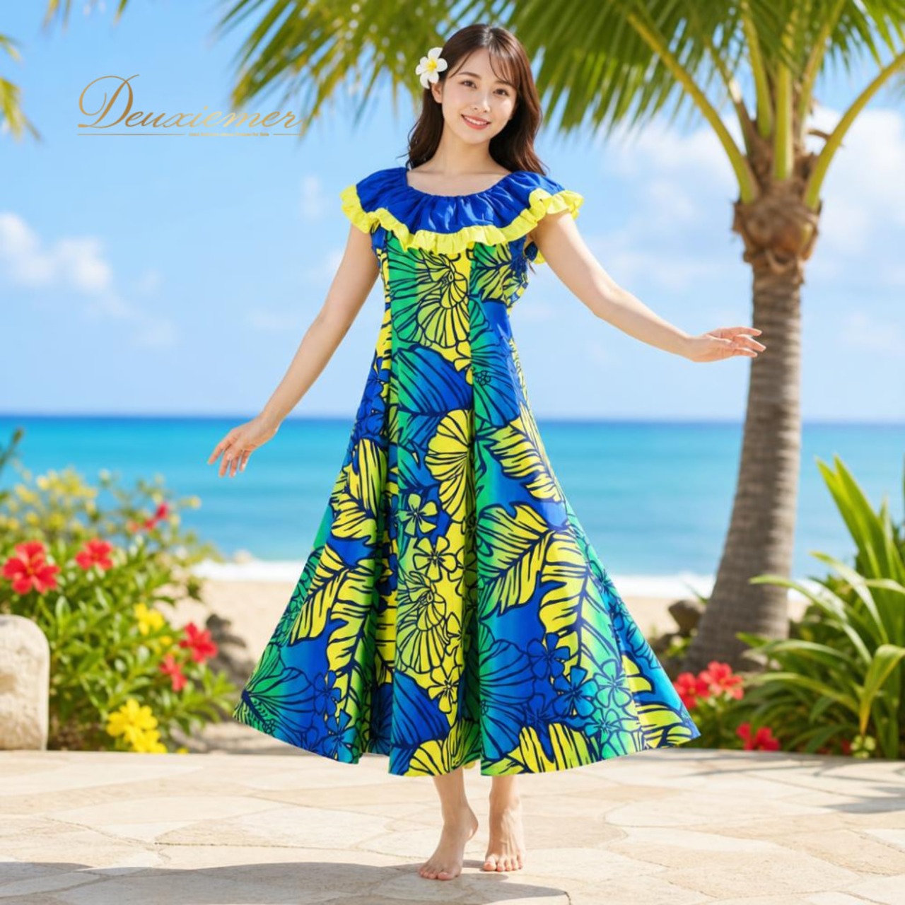 フラダンス 衣装 Avivare アビバーレ ワンピース ドレス ブルー系 花柄 植物柄 ハイビスカス柄 フリル ハワイアンプリント ハワイアン アロハ フラ ダンス レッスン 練習 ハワイアンダンス 青 緑 黄 グリーン系 イエロー系 ノースリーブ 華やか 鮮やか かわいい おしゃれ 上品 大人っぽい ダンス衣装 練習着