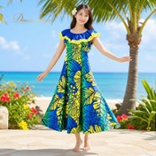 フラダンス 衣装 Avivare アビバーレ ワンピース ドレス ブルー系 花柄 植物柄 ハイビスカス柄 フリル ハワイアンプリント ハワイアン アロハ フラ ダンス レッスン 練習 ハワイアンダンス 青 緑 黄 グリーン系 イエロー系 ノースリーブ 華やか 鮮やか かわいい おしゃれ 上品 大人っぽい ダンス衣装 練習着