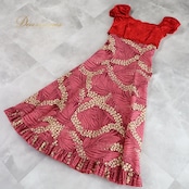 フラダンス 衣装 ワンピース ドレス レッド系 アロハスタンダード 日本製 ハワイアンプリント ALOHA STANDARDS アロハ フラ ダンス レッスン 練習 ベロア 半袖 パフスリーブ フリル 華やか 鮮やか かわいい おしゃれ 上品 高級感 ベージュ系 イエロー系 赤 黄 レッド アロハ柄 ハワイアン 女性用 かわいいデザイン おしゃれなスタイル フリル付き