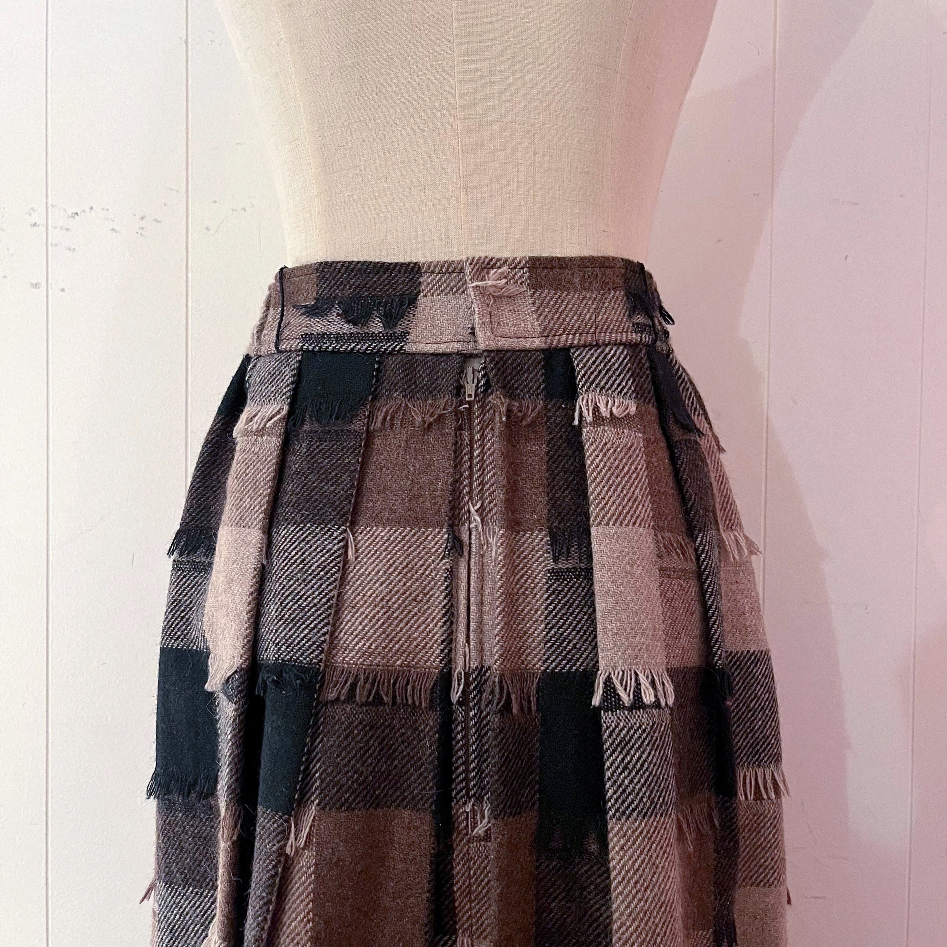 block check fringe wool skirt