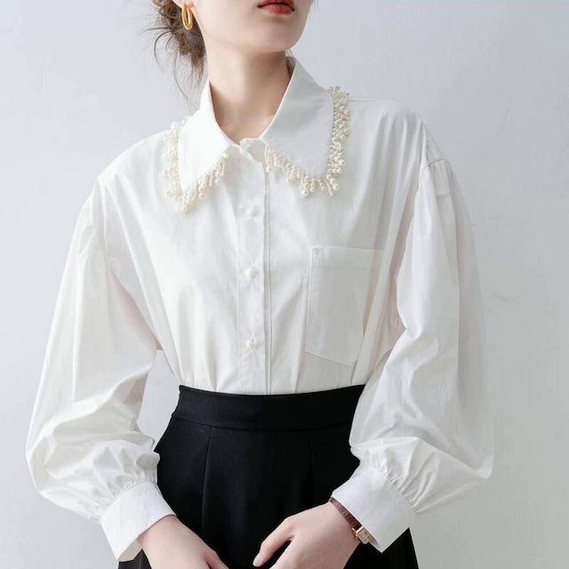 Pearl color lantern sleeve blouse