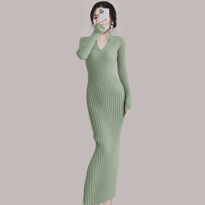 【新作】【送料無料】 2024 新しい秋と冬のスタイル日本と韓国のセクシーなギャルズスリミングラペルヒップカバーニットドレスロングスカート 7857 017735418278