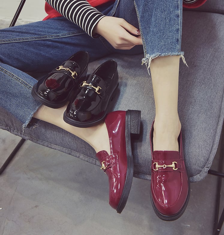 送料無料 秋の足元はこれで決まり レトロ 大人可愛い エナメル ビット ローファー シューズ Lamitte Deco トレンド 韓国ファッション ショップ Base店