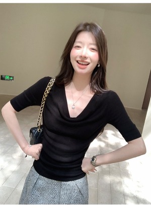 Drape Neck half Sleeve Rib Knit【H00071】