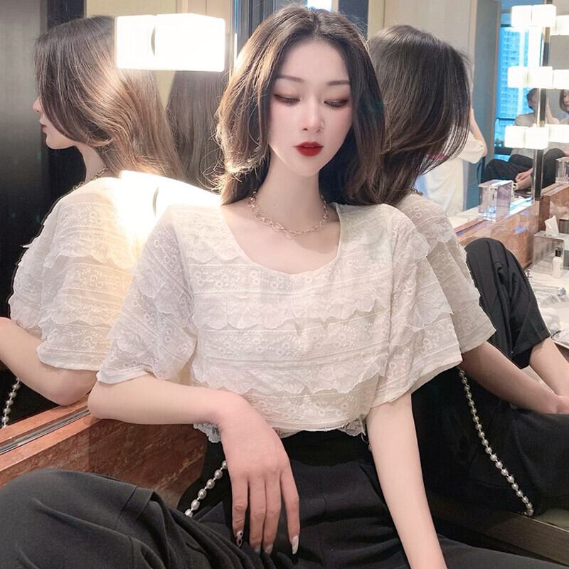 スタンダードラウンドネックレースシャツ サマーブラウス レトロ 大人ガーリー スウィート キュート カジュアル 夏物 Oネック ガールズファッション90638918282