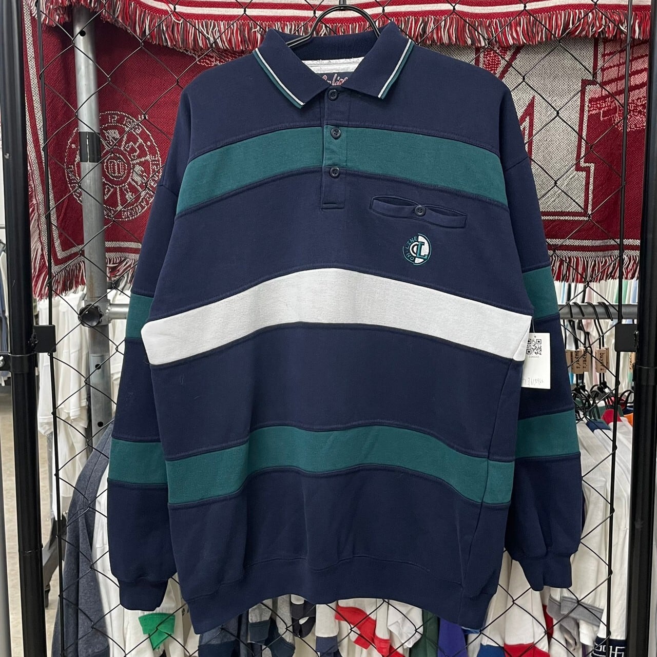 90s-ラガーシャツ 長袖 ボーダー ワンポイント ロゴ 刺繍 古着 古着屋