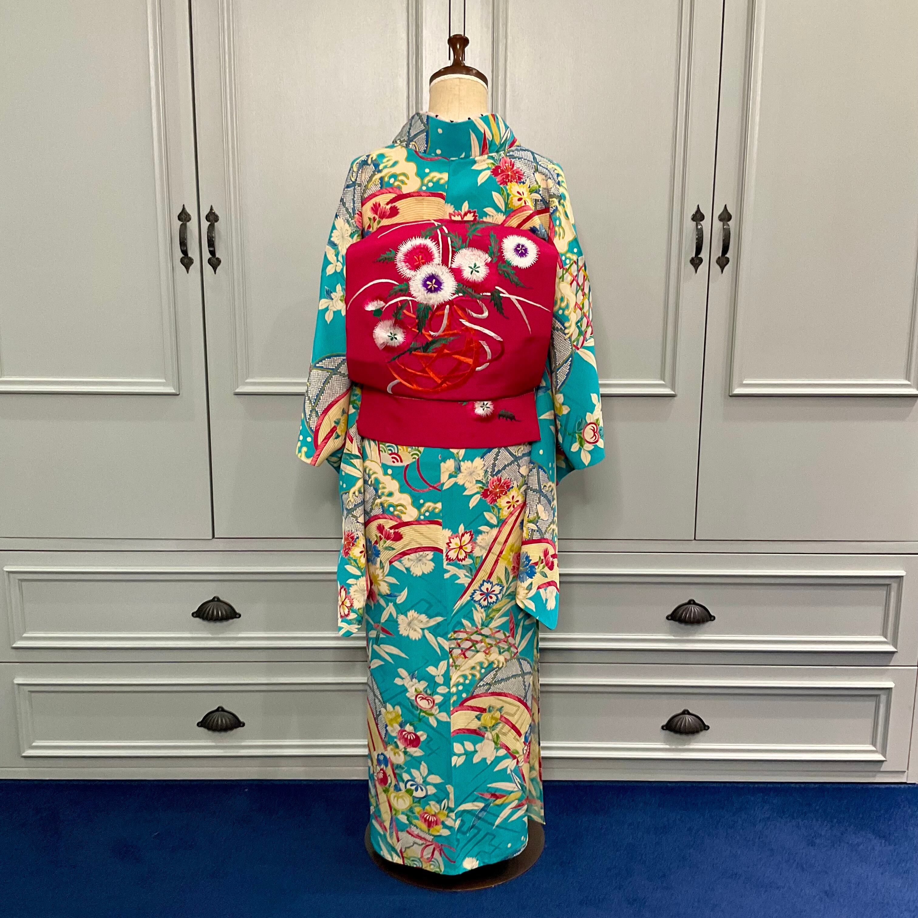 Turquoise Rhapsody＊単衣 桜 撫子 橘 壺 花籠 空色 シアン スカイ