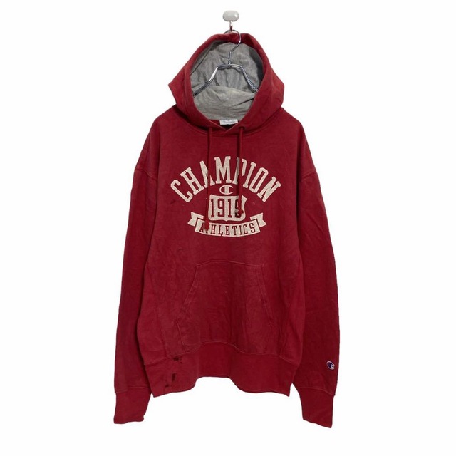 Champion プリント スウェット パーカー M レッド ホワイト 