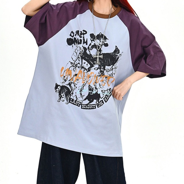 キャットグラフィックラグランビッグTシャツ 2col   R01702