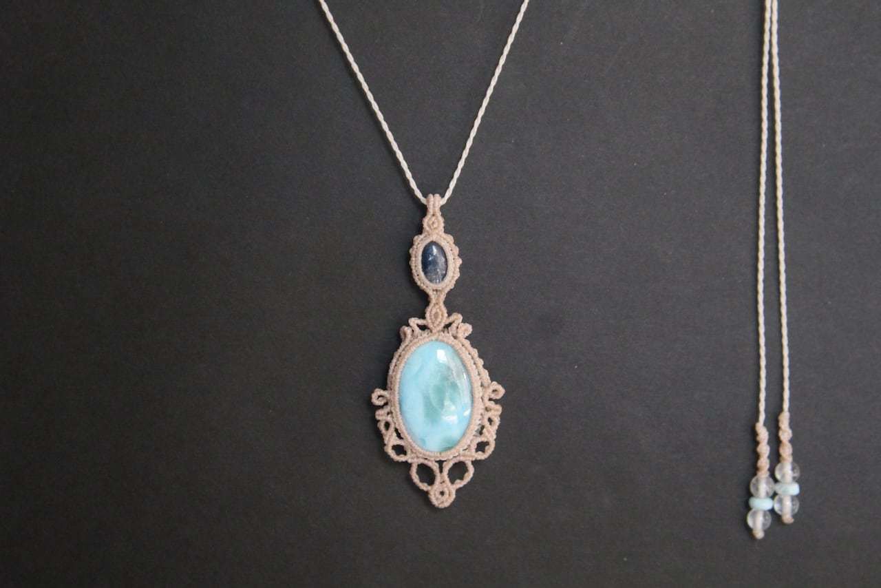 Larimar & Kyanite micro macrame pendant