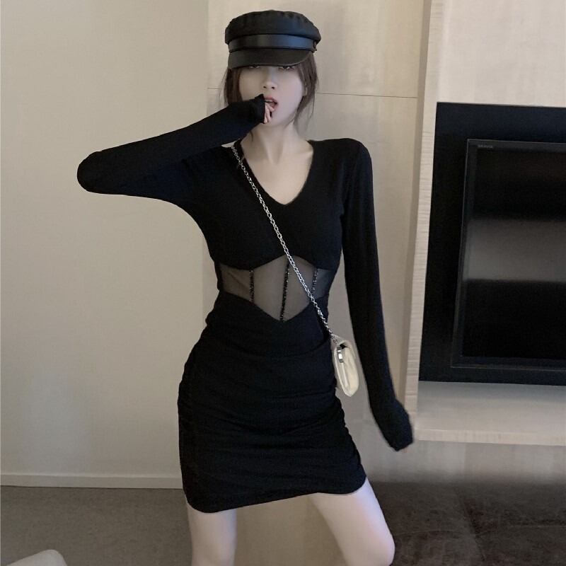 スプリングドレス Vネックプリーツメッシュスカート ロング 春物 1号婦人71401984328