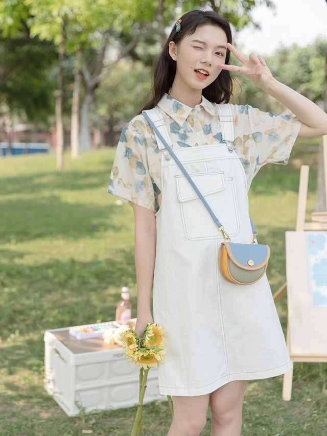 ワンピース オーバーオール スカート 膝上 ホワイト イエロー 夏 ジャンパースカート