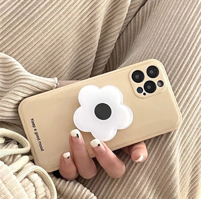 iPhoneケース iPhone13 iPhone12 グリップ付 花 フラワー クリーム 英字 英語 1337