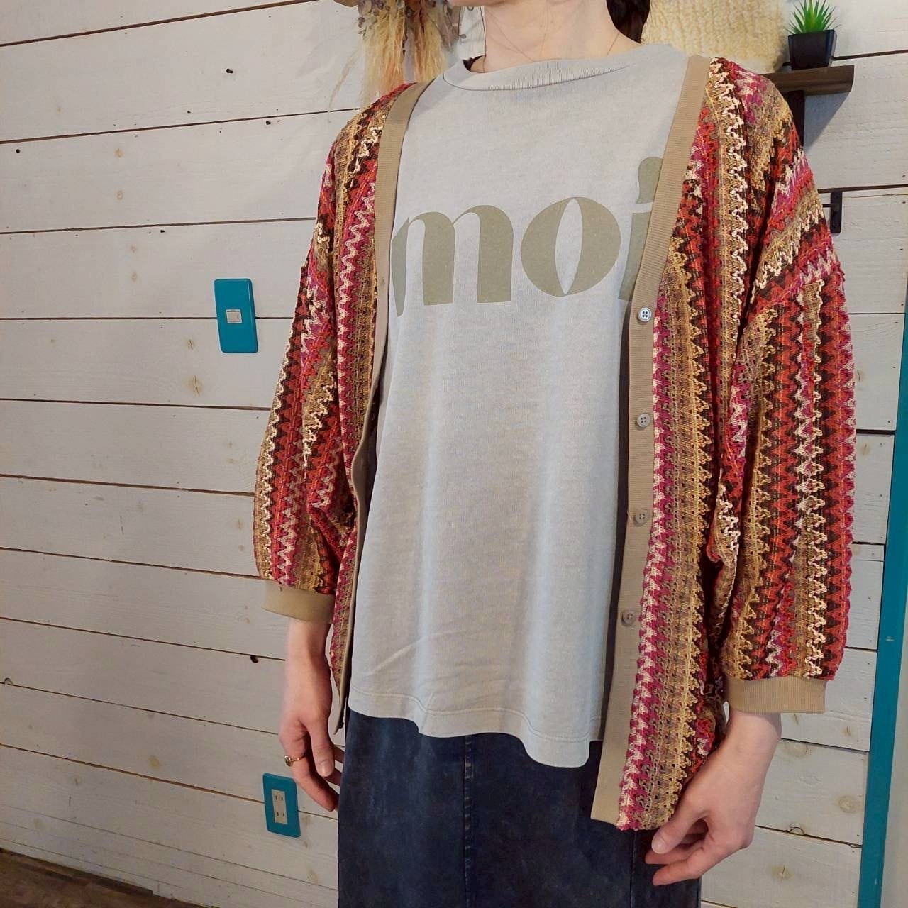 『People's』2752  シェブロン柄ニットソーギャザードロストカーディガン