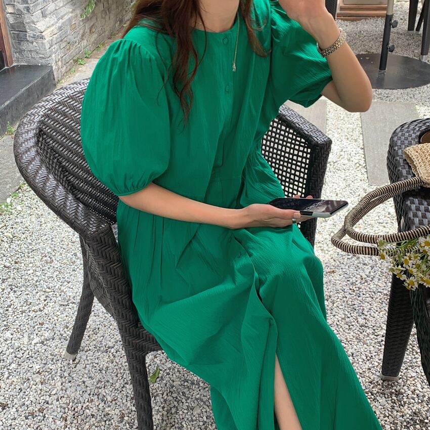 ラウンドネックスリーブドレス サマーカラーAラインウェスト薄手ロングスカート 夏物 Oネック ピュア ビッグFスモールZ韓国11923910905