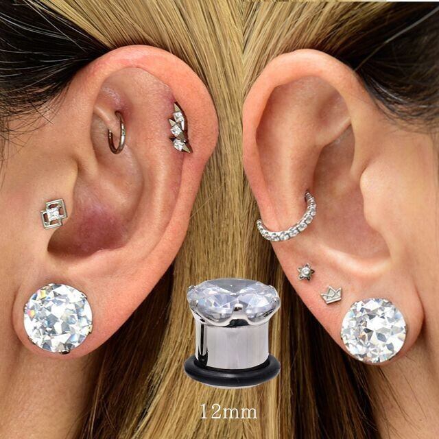 ボディピアス 立爪 クリスタル 00G 12mm ジルコニアピアス プラグ つけ